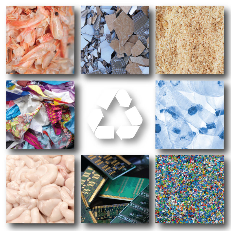 Waste streams used as feedstocks: shrimp shells, e-waste, sawdust, textiles, plastics and circuit boards, around a recycling symbol